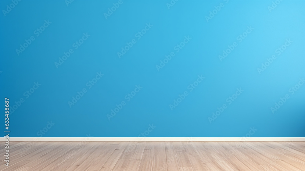 Empty room with blue painted lit wall and light brown colored wooden floor. Design template with large solid copyspace, blank space, place  for your text. Made by Generative AI
