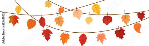 Aautumn leaves hanging on a string.Garland with a leaves.Autumn leaf border.Autumn leaves border frame.Autumn leaves seamless border.Horizontal border with colorful leaves.