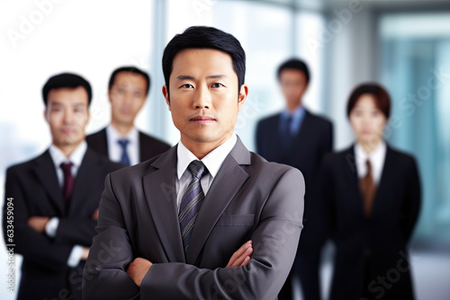 Portrait of a handsome, Asian businessman boss in a suit standing in his modern company office, with his workers standing in the blurry background. Generative AI.