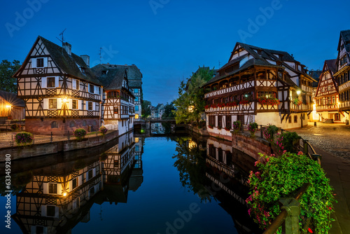 View of canal in little France district by night, Strasbourg, France