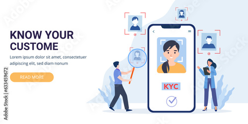 KYC or know your customer with client verifying for bank and personal online security web banner or landing page Vector web home page of KYC 