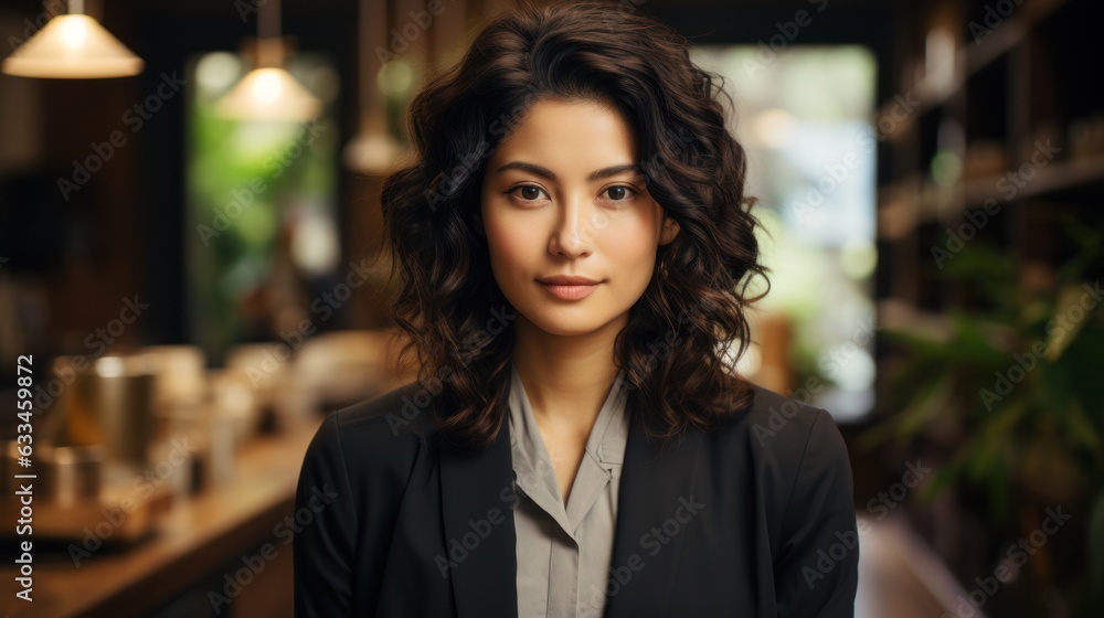 Casual portrait of a designer in her office standing by her desk, daylight coming through Casual portrait of a designer in her office standing by her desk, daylight coming through