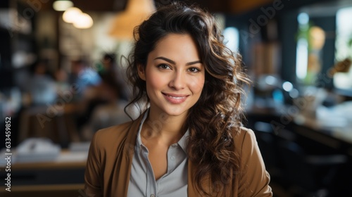  Casual portrait of a designer in her office standing by her desk  daylight coming through