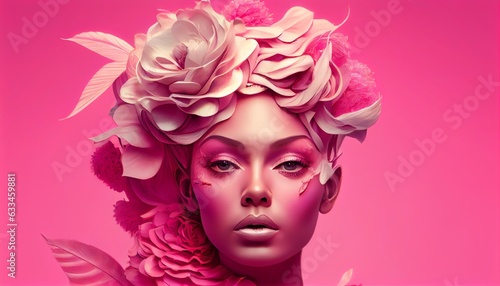 Abstract woman face painting with flowers overhead on a pink background. Generative in ai
