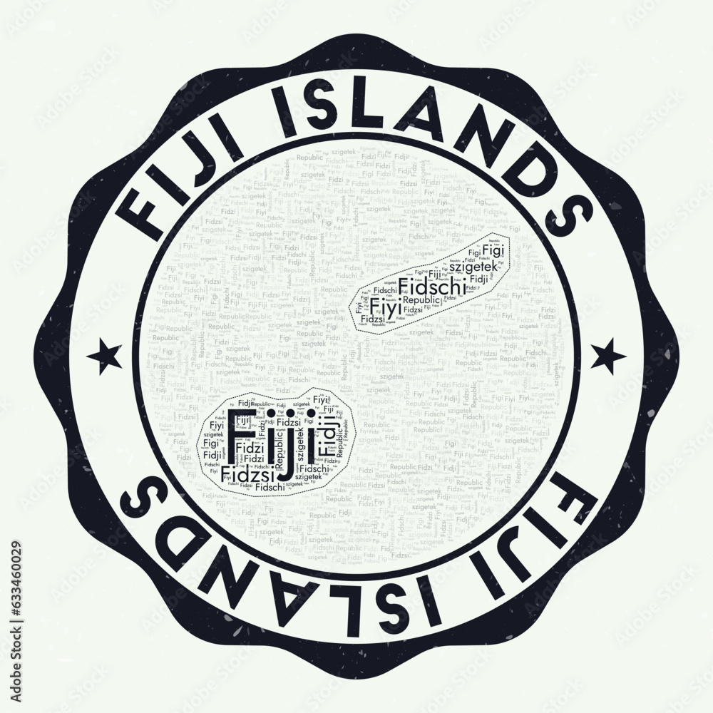 Fiji logo. Authentic country badge with word cloud in shape of Fiji