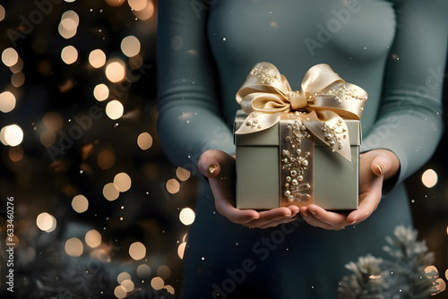 Woman holding gift box in hands. A chic Christmas gift box. Bokeh. Glitter. Christmas and New Year celebration