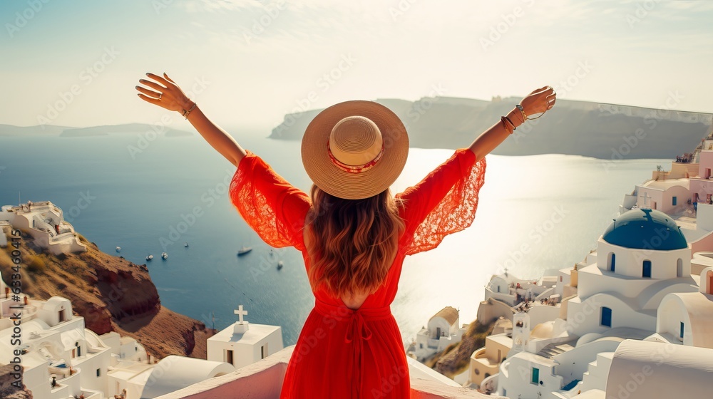 Naklejka premium Europe travel happy vacation woman. Girl tourist having fun with open arms in freedom in Santorini cruise holiday, summer european destination. Red dress and hat person Generative AI
