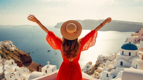 Europe travel happy vacation woman. Girl tourist having fun with open arms in freedom in Santorini cruise holiday, summer european destination. Red dress and hat person Generative AI photo