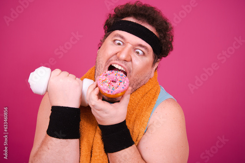 Funny fat man is engaged in fitness. Retro style. Pink background.