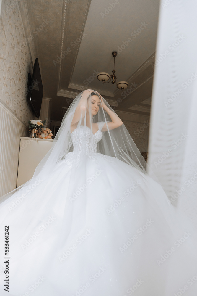 Preparation for the wedding. Beautiful young bride in white luxurious wedding dress, tiara on head, long veil in royal hotel room. Luxury smiling model Preparation for the wedding. Beautiful young bride in white luxurious wedding dress, tiara on head, long veil in royal hotel room. Luxury smiling model