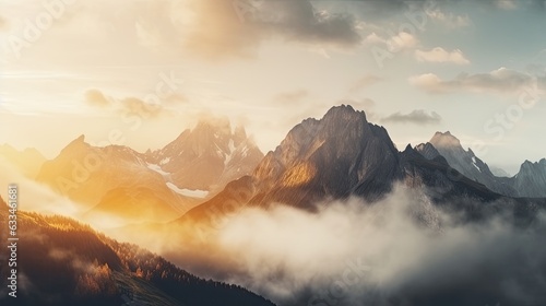 Mountain range with visible silhouettes through the morning colorful fog. Hazy mountain sunset. Panoramic view. Illustration for banner, poster, cover, brochure or presentation.