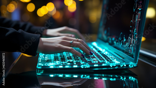 woman working with computer in night city