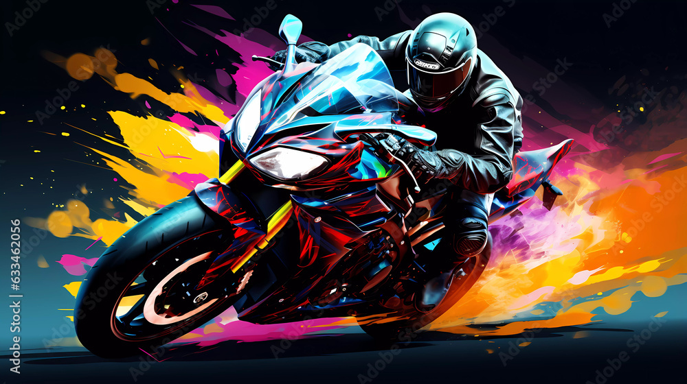 A motorcyclist rides behind the wheel of a graffiti-style sports motorcycle.