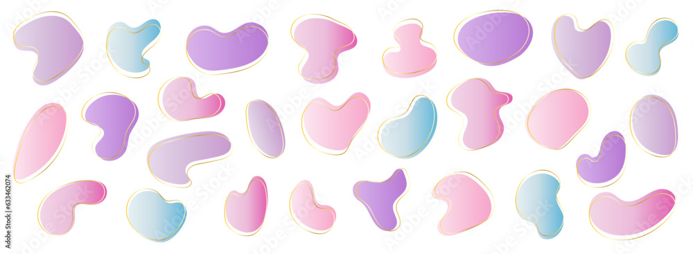 Organic amoeba in the form of a drop. Set of graphic elements of irregular round shape. Drops doodles with outline golden circle. Contemporary banner, doodle drops collection. Organic amoeba in the form of a drop. Set of graphic elements of irregular round shape. Drops doodles with outline golden circle. Contemporary banner, doodle drops collection.
