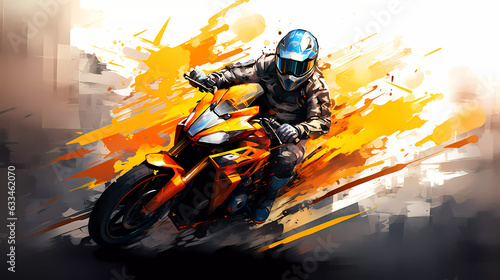 A motorcyclist rides behind the wheel of a graffiti-style sports motorcycle.