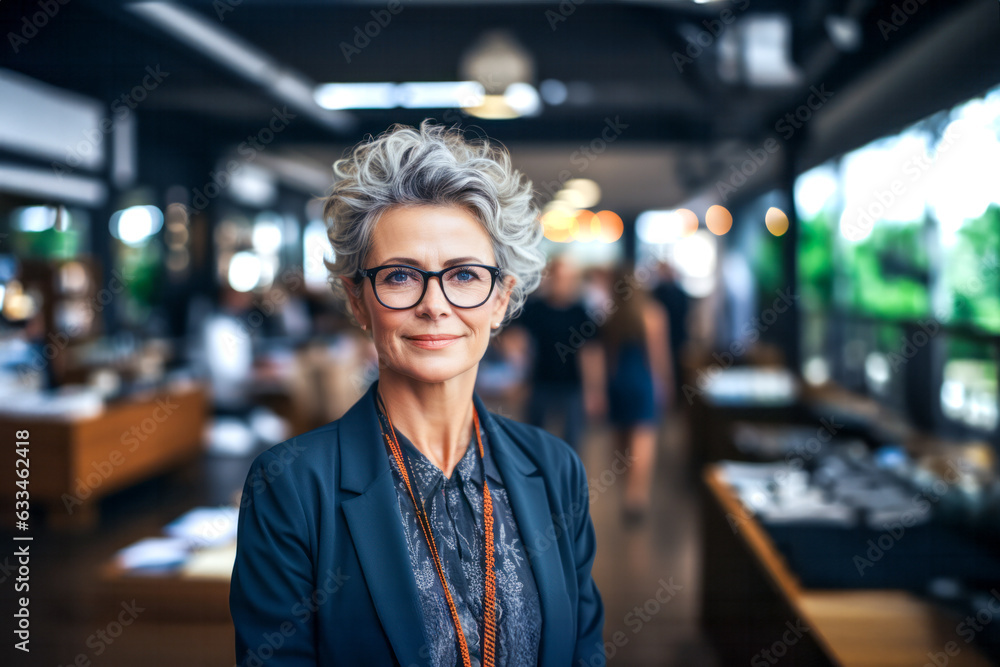 confident female executive wearing eyeglasses in office. Generative AI confident female executive wearing eyeglasses in office. Generative AI