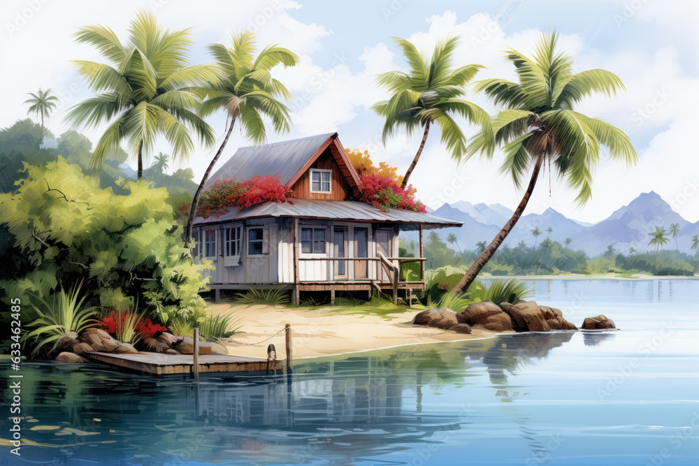 Bungalow or beach hut on tropical island, summer shack, wooden house on piles with terrace, palm trees and ocean landscape. Wooden villa with thatch roof in paradise. 