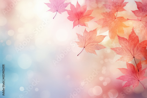 Falling autumn multicolored maple foliage on pastel defocused background. Natural backgdrop with bokeh and copy space.  photo