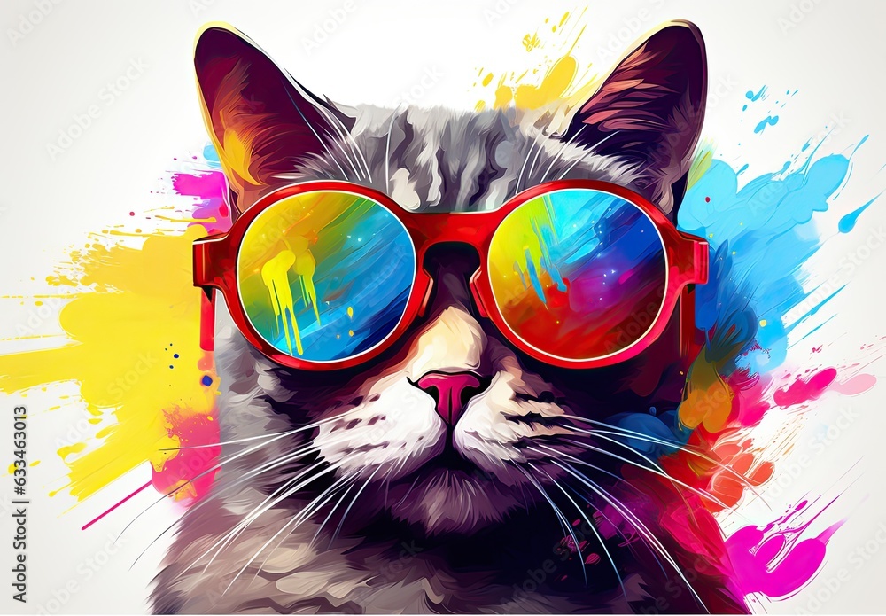 The muzzle of a stylish cat posing in sunglasses is painted with watercolors. Close portrait of furry kitty with paint splashes. Printable design for t-shirt, bag, postcard, case and other products.