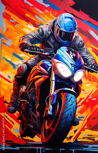 A motorcyclist rides behind the wheel of a graffiti-style sports motorcycle.