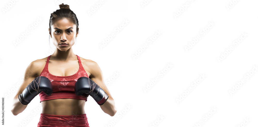 Fit, beautiful and young Asian MMA fighter. Concept of woman in contact sports, boxing and Thai boxing.  Isolated on white with copy space. 