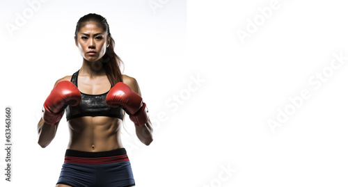 Fit, beautiful and young Asian MMA fighter. Concept of woman in contact sports, boxing and Thai boxing. Isolated on white with copy space. 