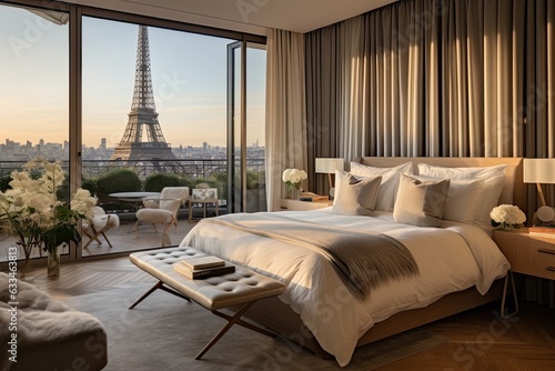 The interior of a hotel or apartment condominium displays a classic modern bedroom with stunning views of the Paris cityscape.