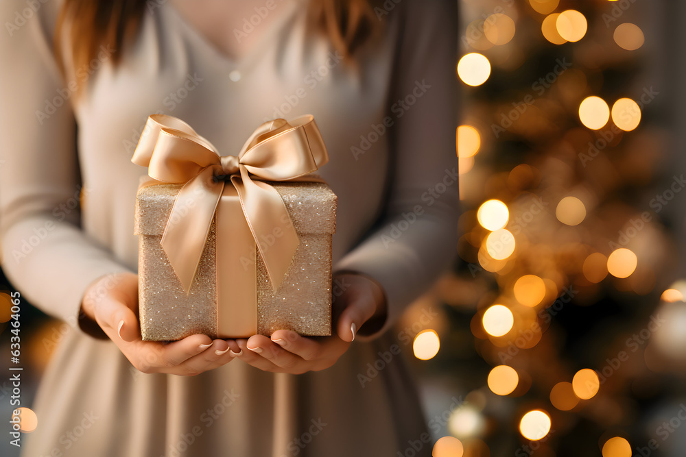 Female hands hold new year gift box with gold glitter and a chic ribbon. Bokeh. Christmas and new year celebration Female hands hold new year gift box with gold glitter and a chic ribbon. Bokeh. Christmas and new year celebration