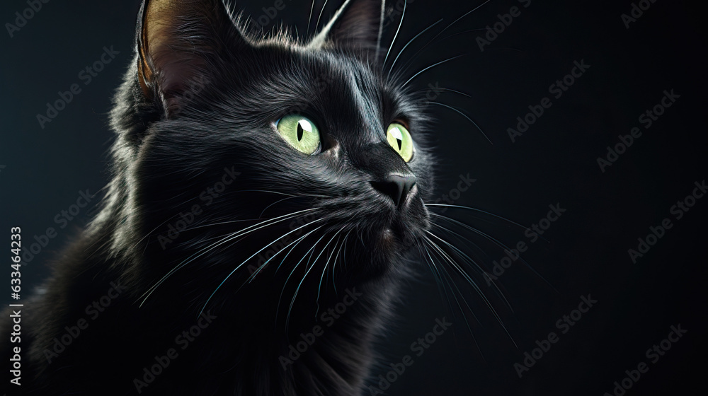 Fototapeta premium Black Cat Portrait on Black Background Close Up. Concept of Feline Beauty, Mysterious Allure, Dark Elegance, Close-up Photography, Cat’s Mesmerizing Eyes.