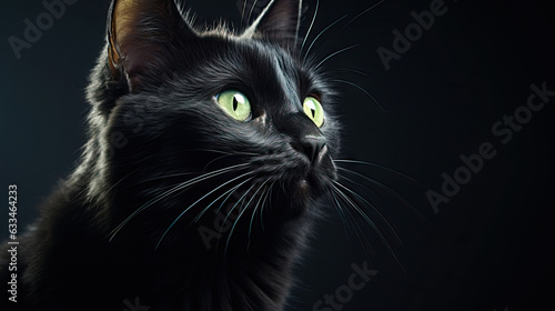 Black Cat Portrait on Black Background Close Up. Concept of Feline Beauty, Mysterious Allure, Dark Elegance, Close-up Photography, Cat’s Mesmerizing Eyes.