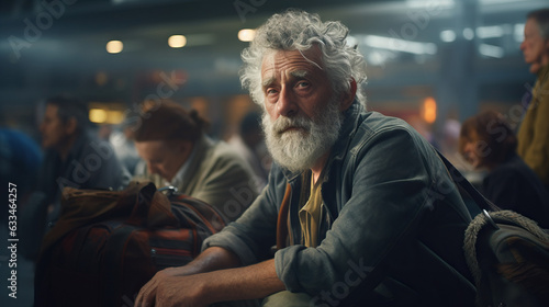 Disgruntled and Tired Older Man at the Airport Terminal Sitting Down Waiting for Delayed Flight. Concept of Travel Frustrations, Flight Delays, Weary Passengers, Airport Wait Times.