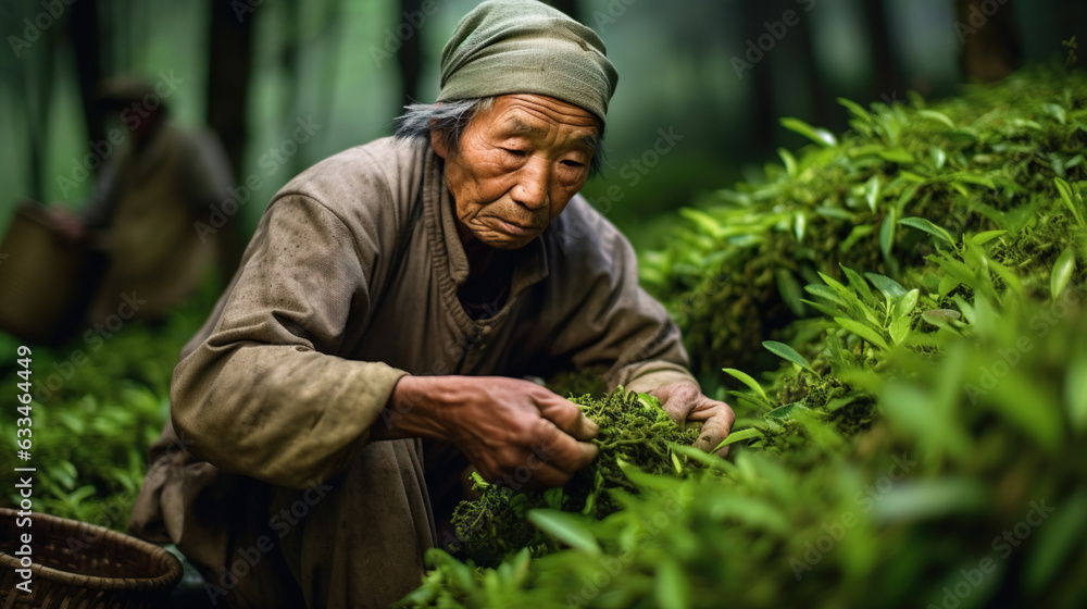Japanese Worker Harvesting Tea Leaves. Concept of Traditional Agriculture, Tea Cultivation, Seasonal Harvest, Cultural Heritage, Skilled Labor, Japanese Craftsmanship, Rural Traditions
