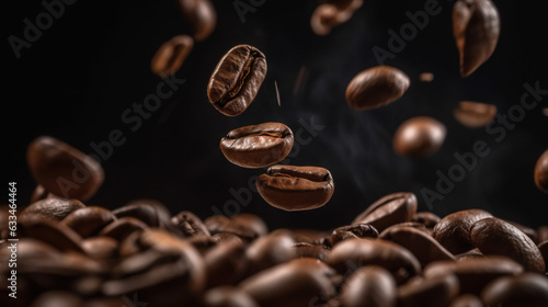Coffee Beans Falling Into Pile Steam and Black Background. Concept of Coffee Sensory Experience, Brewing Process, Aromatic Visuals, Steamy Allure, Sensory Delight, Coffee Preparation, Falling Beans.