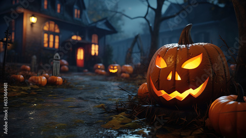 Halloween Pumpkin on Sitting on the Streets at Night in Front of Haunted Spooky House. Concept of Halloween Ambiance, Pumpkin Decoration, Eerie Setting, Haunted House, Night Scene, Spooky Atmosphere.