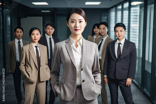 Portrait of a beautiful smiling Asian businesswoman boss in a suit standing in her modern company office. Her workers are standing in the blurry background. Generative AI.