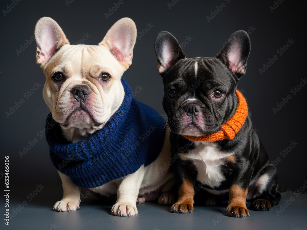 Digital photo of a cute French bulldog knitted from wool, handmade, beautiful scarf