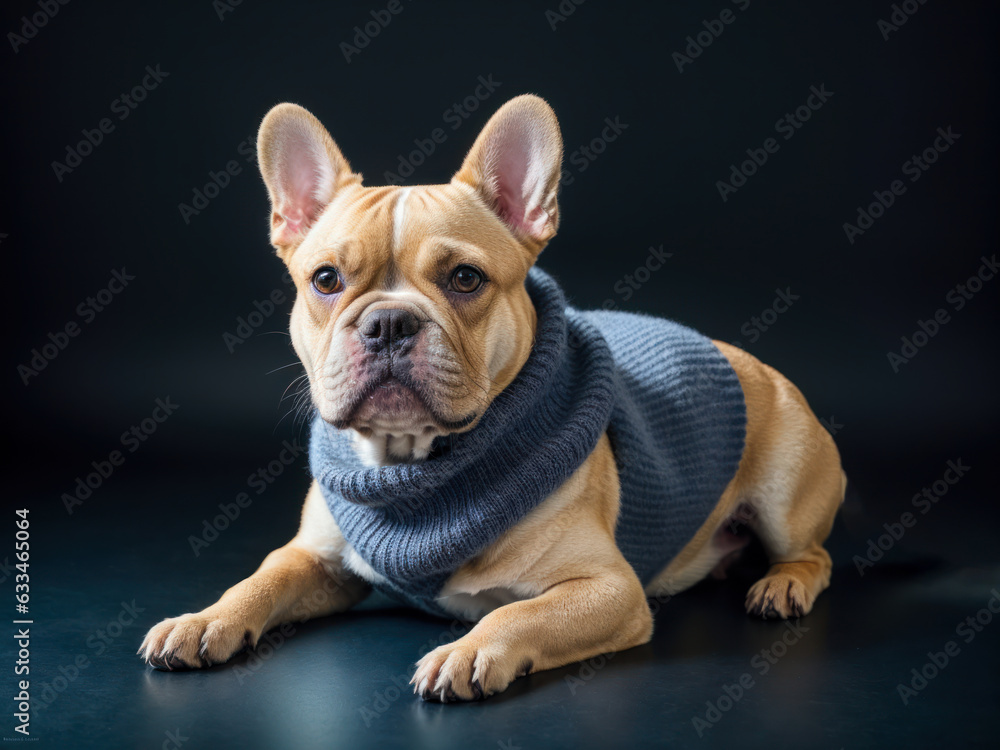 Digital photo of a cute French bulldog knitted from wool, handmade, beautiful scarf