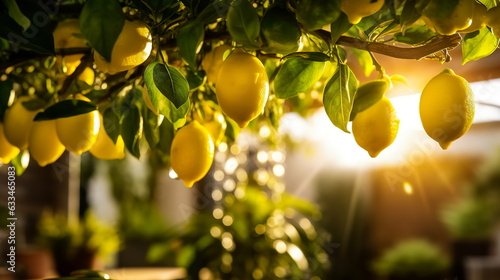 Ripe lemons hang on a branch in the garden in the rain.Generative AI