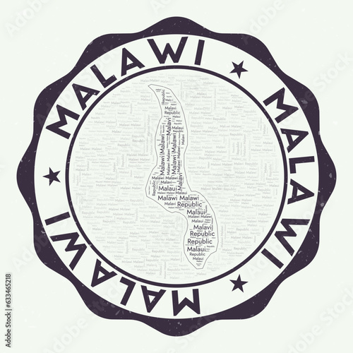 Malawi logo. Artistic country badge with word cloud in the shape of Malawi. Round emblem with country name. Vibrant vector illustration.