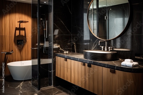 A contemporary bathroom design features wooden cabinets  a black porcelain sink  a circular mirror frame  chrome metal fixtures and fittings  and flooring made of black marble.