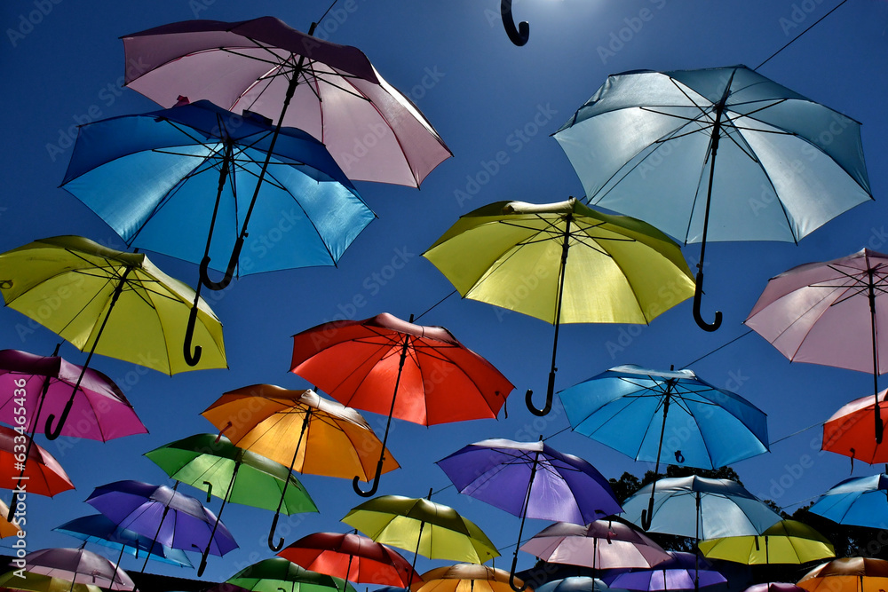 Colorful parasols dance under the sun