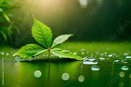 green leaf with rain drops