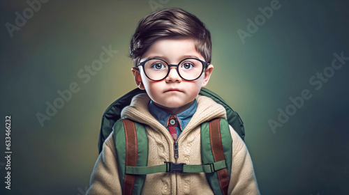 Stylish little boy with backpack looking at camera on grey background. Back to school. 