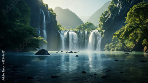 Cascade of Beauty: Mountain, River, Waterfall and Forest Harmony