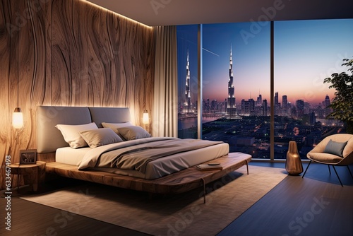 Fototapete Upscale bedroom with wooden touches and cityscape views in Dubai