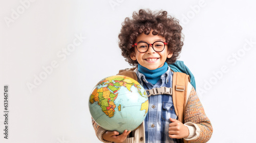 Little boy with backpack and globus looking at camera on white background. Back to school. 