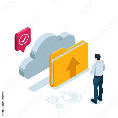 isometric man near a folder and a cloud in color on a white background, uploading data to the cloud or storing information