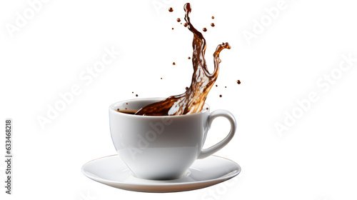 Cup of coffee with a splash drop fly with saucer on transparent background
