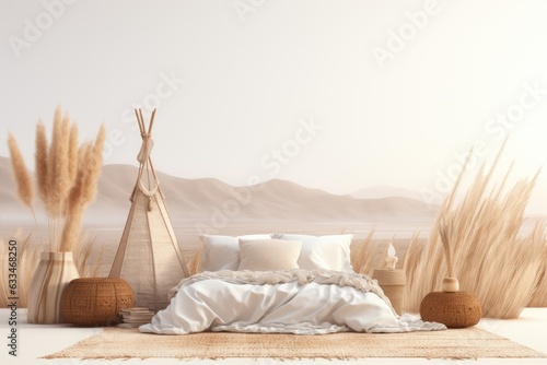 A bohoinspired Mockup Of bedroom interior featuring a fringed blanket, tasseled pillows, white bedding, dried pampas grass, a basket lamp, and a curtain. The mockup is presented on a plain white photo
