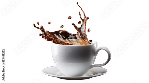 Cup of coffee with a splash drop fly with saucer on transparent background